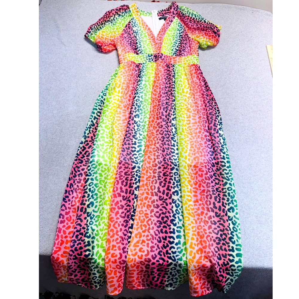 Beulah Style Womens S Rainbow Leopard Print‎ Maxi Dress Puff Sleeve Cottagecore